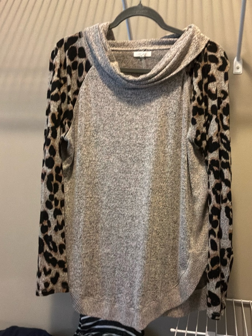 Maurices Taupe Cowl Neck Sweater with Leopard Print Sleeves